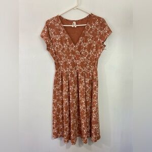 Pact Organic Floral Fit & Flare Crossover Dress Women's Sz M Brown Sugar Casual